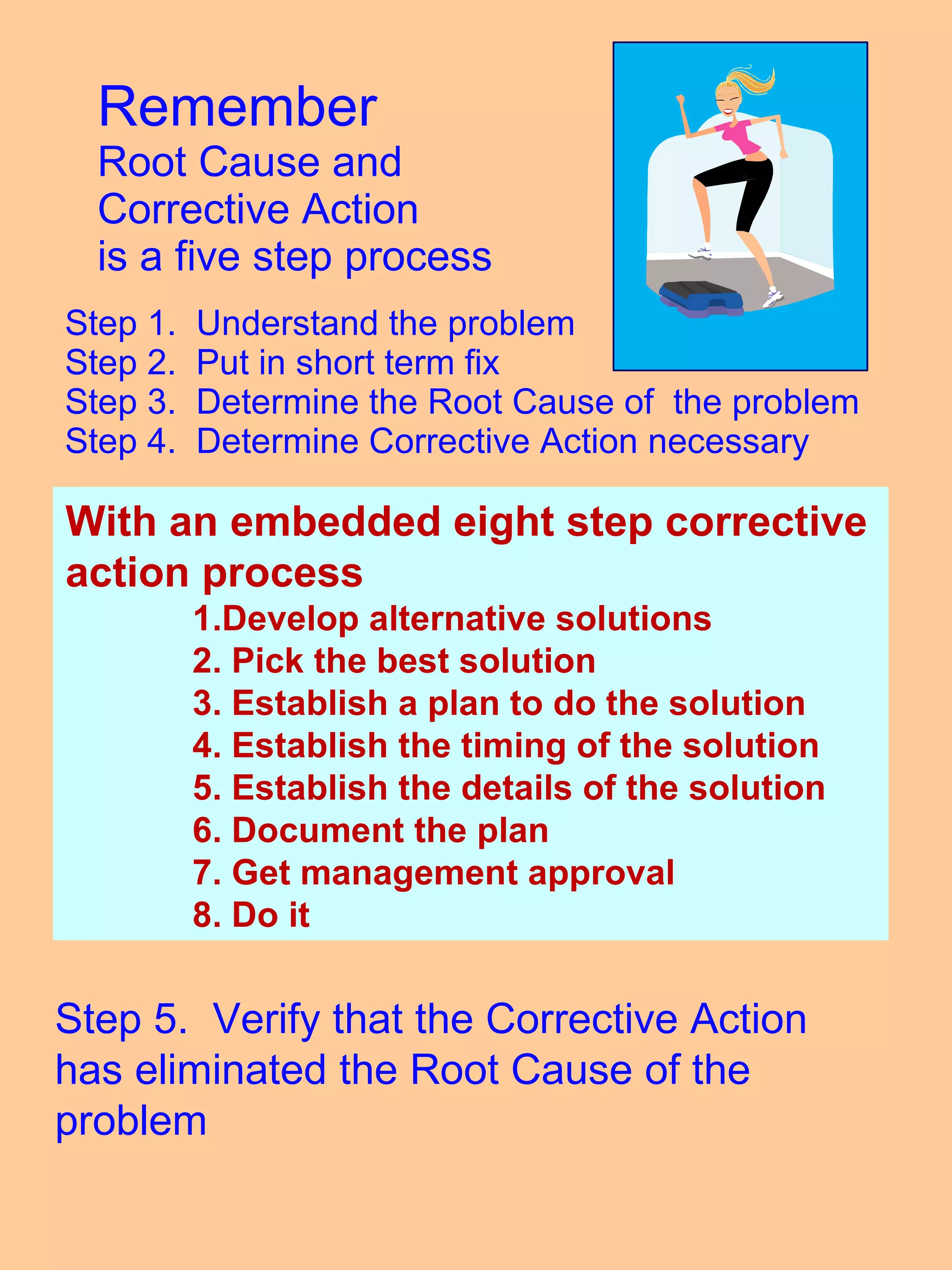 Remember Root Cause and  Corrective Action  is a five step process Step 1.  Understand the problem Step 2.  Put in short term fix Step 3.  Determine the Root Cause of  the problem Step 4.  Determine Corrective Action necessary With an embedded eight step corrective action process 1.Develop alternative solutions 2. Pick the best solution 3. Establish a plan to do the solution 4. Establish the timing of the solution 5. Establish the details of the solution 6. Document the plan 7. Get management approval 8. Do it  Step 5.  Verify that the Corrective Action has eliminated the Root Cause of the problem 