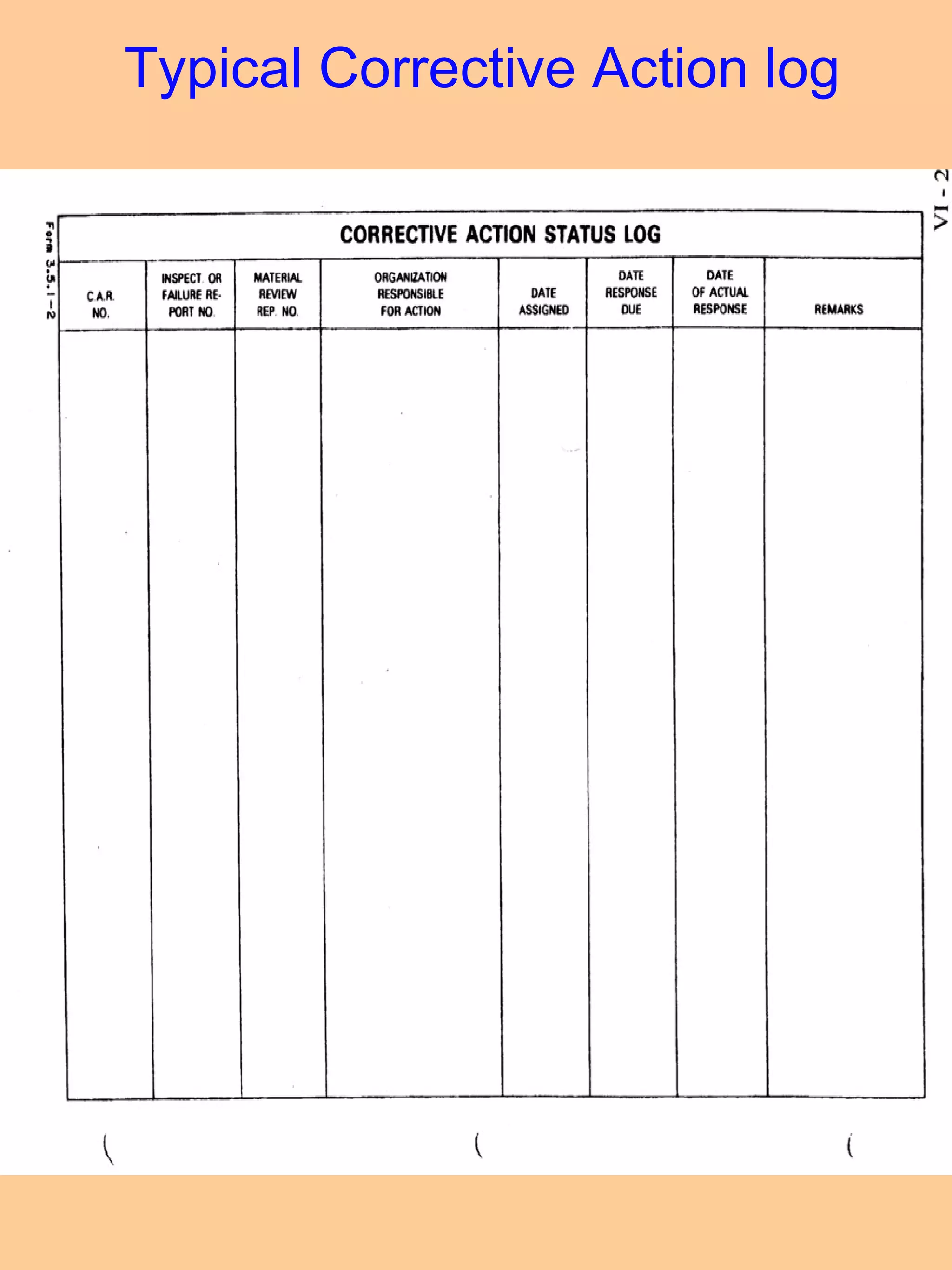 Typical Corrective Action log 