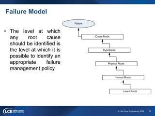 13© Life Cycle Engineering 2008
Failure Model
• The level at which
any root cause
should be identified is
the level at which it is
possible to identify an
appropriate failure
management policy
 