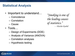 18© Life Cycle Engineering 2008
Statistical Analysis
• Important to understand…
– Coincidence
– Correlation
– Cause
• Tools…
– Design of Experiments (DOE)
– Analysis of Variance (ANOVA)
– Correlation analyses
– Hypothesis testing
“Smoking is one of
the leading causes
of statistics.”
-- Fletcher Knebel
 