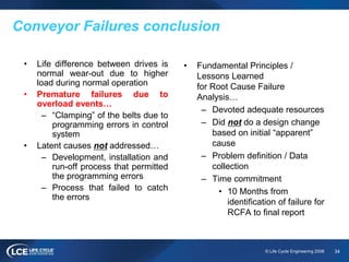 34© Life Cycle Engineering 2008
Conveyor Failures conclusion
• Life difference between drives is
normal wear-out due to higher
load during normal operation
• Premature failures due to
overload events…
– “Clamping” of the belts due to
programming errors in control
system
• Latent causes not addressed…
– Development, installation and
run-off process that permitted
the programming errors
– Process that failed to catch
the errors
• Fundamental Principles /
Lessons Learned
for Root Cause Failure
Analysis…
– Devoted adequate resources
– Did not do a design change
based on initial “apparent”
cause
– Problem definition / Data
collection
– Time commitment
• 10 Months from
identification of failure for
RCFA to final report
 