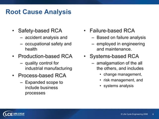 4© Life Cycle Engineering 2008
Root Cause Analysis
• Safety-based RCA
– accident analysis and
– occupational safety and
health
• Production-based RCA
– quality control for
industrial manufacturing
• Process-based RCA
– Expanded scope to
include business
processes
• Failure-based RCA
– Based on failure analysis
– employed in engineering
and maintenance.
• Systems-based RCA
– amalgamation of the all
the others, and includes
• change management,
• risk management, and
• systems analysis
 
