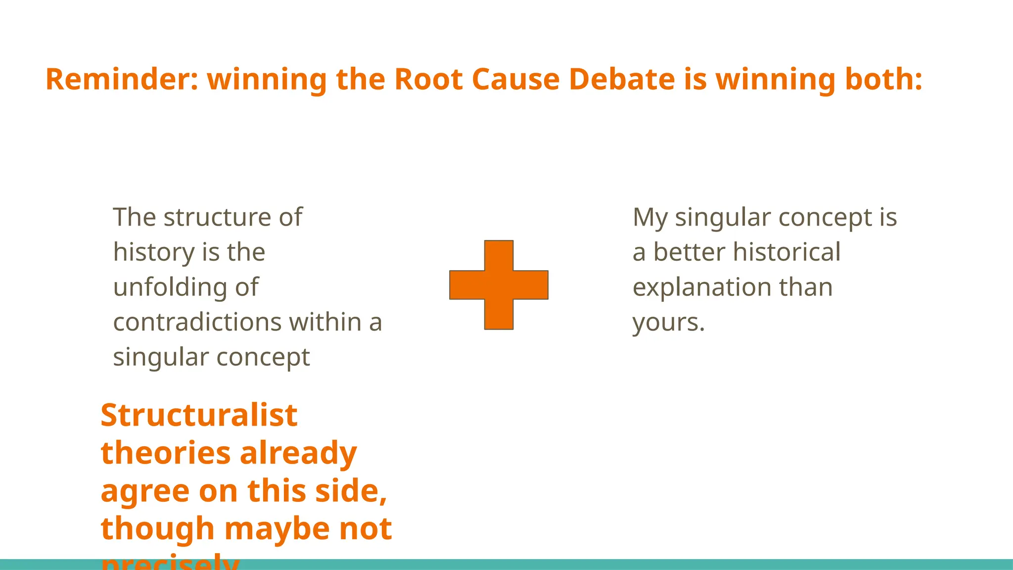 Reminder: winning the Root Cause Debate is winning both:
The structure of
history is the
unfolding of
contradictions within a
singular concept
My singular concept is
a better historical
explanation than
yours.
Structuralist
theories already
agree on this side,
though maybe not
 