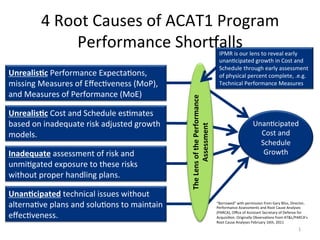 4	
  Root	
  Causes	
  of	
  ACAT1	
  Program	
  
Performance	
  Shoralls	
  

Unrealis)c	
  Cost	
  and	
  Schedule	
  es/mates	
  
based	
  on	
  inadequate	
  risk	
  adjusted	
  growth	
  
models.	
  
Inadequate	
  assessment	
  of	
  risk	
  and	
  
unmi/gated	
  exposure	
  to	
  these	
  risks	
  
without	
  proper	
  handling	
  plans.	
  
Unan)cipated	
  technical	
  issues	
  without	
  
alterna/ve	
  plans	
  and	
  solu/ons	
  to	
  maintain	
  
eﬀec/veness.	
  

The	
  Lens	
  of	
  the	
  Performance	
  
Assessment	
  

Unrealis)c	
  Performance	
  Expecta/ons,	
  
missing	
  Measures	
  of	
  Eﬀec/veness	
  (MoE),	
  
and	
  Measures	
  of	
  Performance	
  (MoP)	
  

IPMR	
  is	
  our	
  lens	
  to	
  reveal	
  early	
  
unan/cipated	
  growth	
  in	
  Cost	
  and	
  
Schedule	
  through	
  early	
  assessment	
  
of	
  physical	
  percent	
  complete,	
  .e.g.	
  
Technical	
  Performance	
  Measures	
  

Unan/cipated	
  
Cost	
  and	
  
Schedule	
  
Growth	
  

“Borrowed”	
  with	
  permission	
  from	
  Gary	
  Bliss,	
  Director,	
  
Performance	
  Assessments	
  and	
  Root	
  Cause	
  Analyses	
  
(PARCA),	
  Oﬃce	
  of	
  Assistant	
  Secretary	
  of	
  Defense	
  for	
  
Acquisi/on.	
  Originally	
  Observa/ons	
  from	
  AT&L/PARCA's	
  
Root	
  Cause	
  Analyses	
  February	
  16th,	
  2011	
  

1	
  

 