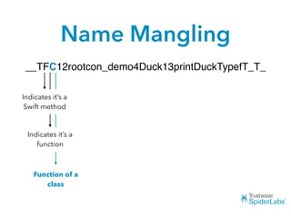 Name Mangling
__TFC12rootcon_demo4Duck13printDuckTypefT_T_
Indicates it’s a
Swift method
Indicates it’s a
function
Function of a
class
 