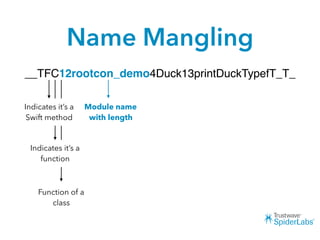 Name Mangling
__TFC12rootcon_demo4Duck13printDuckTypefT_T_
Indicates it’s a
Swift method
Indicates it’s a
function
Function of a
class
Module name
with length
 