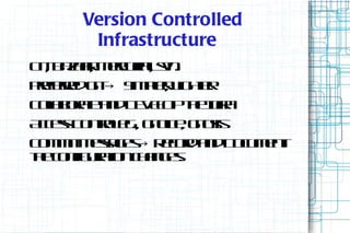 Version Controlled
      Infrastructure
G , b za m r rl v.
 it aar e uia sn
         ,   c ,
Pe r dg → S p r ig t.
 r er it im l, L he
   f e           e    r
C lb rt adD V L P h Ir
 oa oa n E EO ten a
   l     e             f
A csC nrlg g o eg ois
 ces o t e ., itl , its
           o      it
C m it esg s R cr adD cm n
 o m M s e → eod n ou et
           a
te o fua n hn e.
h cn rt cag s
       ig io
 