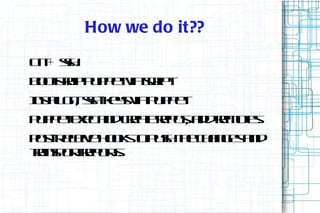 How we do it??
G +s.
 it s
    h
B osa p p e v sr t
 o trp u p tia c
    t           ip
I tlit s-ky v p p e
n a g , s es ia u p t
 sl      h
P p e ee adc a r o, a dr oe.
 u p t xc n r t e s d e t
            ee p        m s
Ps ee e o k t p s te hn e ad
ot civ h oso uh h cag s n
   -R
t np rr ot
r sote r .
 a     p s
 