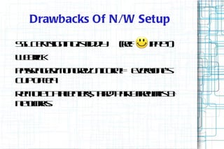 Drawbacks Of N/W Setup

SL etig in isid l
 S C rs n g fd  y   (e # u p t
                    r. p p e )
                     f
W Bic
 Erk
Ps n e/ o ge U icr != Eeyn's
 as g r n r/n on vro e
   e   M   l
C po Ta
 u fe
R m t D t et stir-p r f wl &
 e oe a cne , h d at ir as
        a   r        y e l
ntok.
 e r
  w s
 