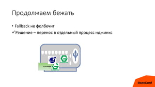 Продолжаем бежать
• Fallback не фолбечит
Решение – перенос в отдельный процесс нджинкс
 