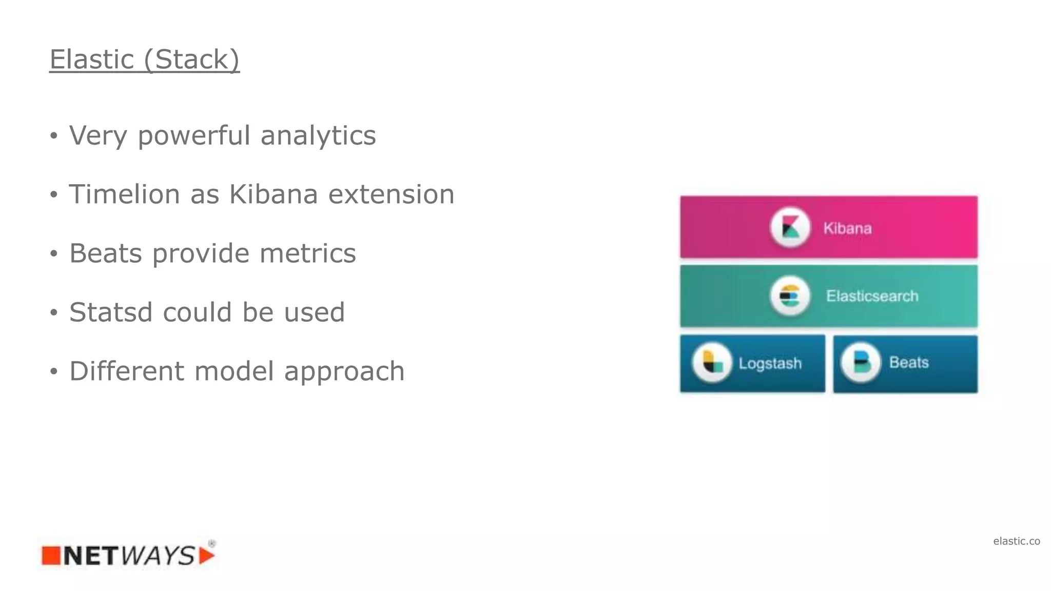 • Very powerful analytics
• Timelion as Kibana extension
• Beats provide metrics
• Statsd could be used
• Different model approach
Elastic (Stack)
elastic.co
 