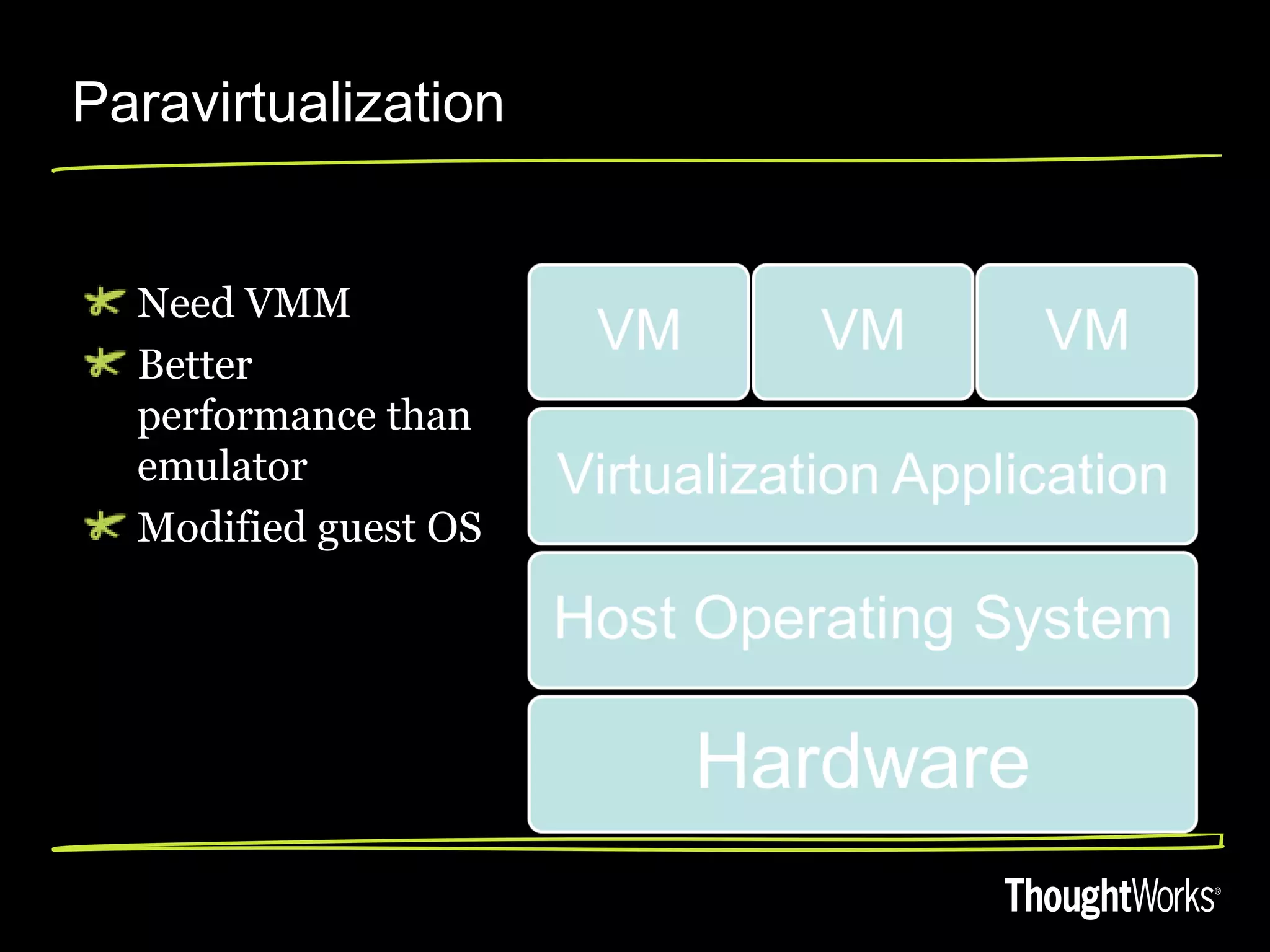 Paravirtualization


  Need VMM
  Better
  performance than
  emulator
  Modified guest OS
 