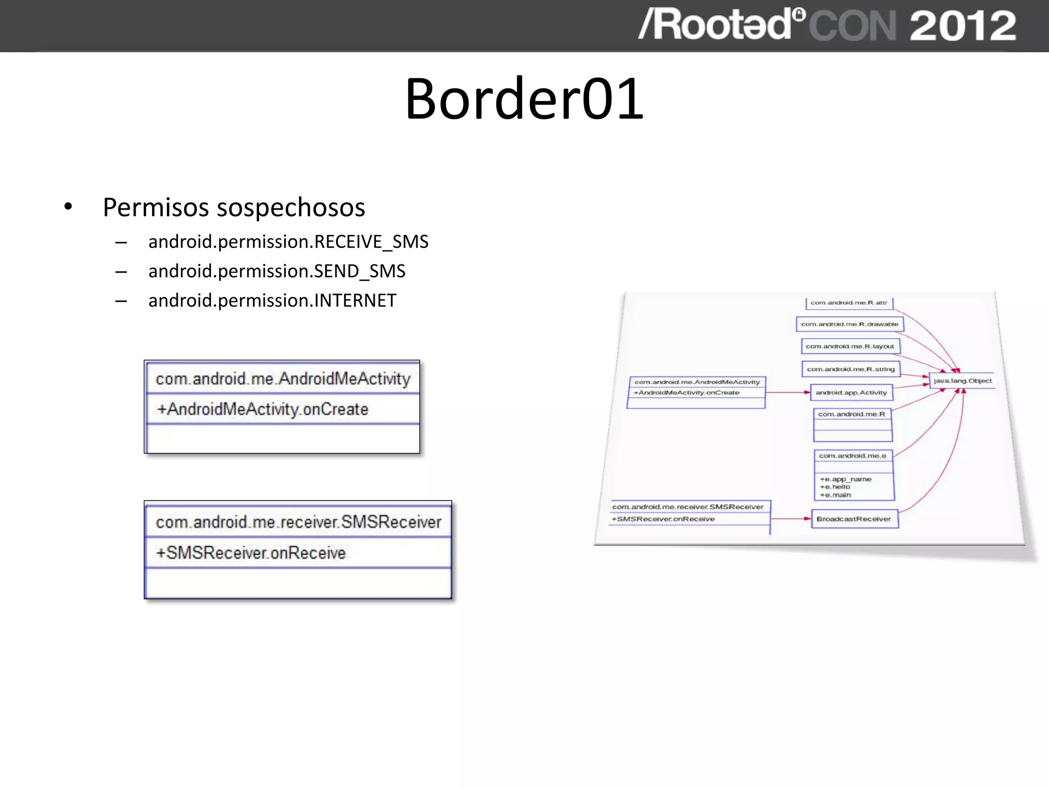 Border01
• Permisos sospechosos
– android.permission.RECEIVE_SMS
– android.permission.SEND_SMS
– android.permission.INTERNET
 