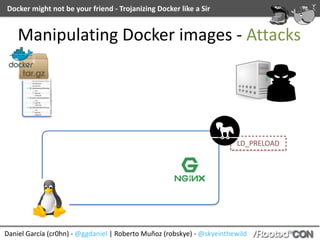 Docker	might	not	be	your	friend	-	Trojanizing	Docker	like	a	Sir
Daniel	García	(cr0hn)	-	@ggdaniel	|	Roberto	Muñoz	(robskye)	-	@skyeinthewild
Manipulating	Docker	images	-	Attacks
LD_PRELOAD
 