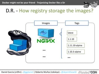 Daniel	García	(cr0hn)	-	@ggdaniel	|	Roberto	Muñoz	(robskye)	-	@skyeinthewild
Docker	might	not	be	your	friend	-	Trojanizing	Docker	like	a	Sir
latest
D.R.	-	How	registry	storage	the	images?
1.1.10
1.11.10-alpine
1.10.3-alpine
…
…
…
Images Tags
 
