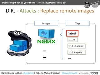 Daniel	García	(cr0hn)	-	@ggdaniel	|	Roberto	Muñoz	(robskye)	-	@skyeinthewild
Docker	might	not	be	your	friend	-	Trojanizing	Docker	like	a	Sir
D.R.	-	Attacks	:	Replace	remote	images
latest
1.1.10
1.11.10-alpine
1.10.3-alpine
…
…
…
Images Tags
latest
 