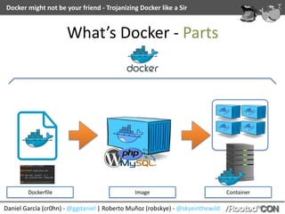 Daniel	García	(cr0hn)	-	@ggdaniel	|	Roberto	Muñoz	(robskye)	-	@skyeinthewild
Docker	might	not	be	your	friend	-	Trojanizing	Docker	like	a	Sir
What’s	Docker	-	Parts
Dockerfile Image Container
 