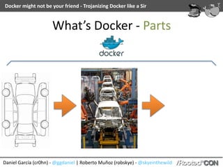 Daniel	García	(cr0hn)	-	@ggdaniel	|	Roberto	Muñoz	(robskye)	-	@skyeinthewild
Docker	might	not	be	your	friend	-	Trojanizing	Docker	like	a	Sir
What’s	Docker	-	Parts
 