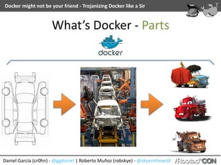 Daniel	García	(cr0hn)	-	@ggdaniel	|	Roberto	Muñoz	(robskye)	-	@skyeinthewild
Docker	might	not	be	your	friend	-	Trojanizing	Docker	like	a	Sir
What’s	Docker	-	Parts
 