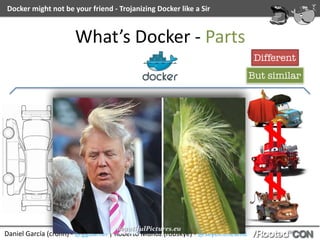 Daniel	García	(cr0hn)	-	@ggdaniel	|	Roberto	Muñoz	(robskye)	-	@skyeinthewild
Docker	might	not	be	your	friend	-	Trojanizing	Docker	like	a	Sir
What’s	Docker	-	Parts
Different
But similar
 