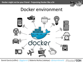 Daniel	García	(cr0hn)	-	@ggdaniel	|	Roberto	Muñoz	(robskye)	-	@skyeinthewild
Docker	might	not	be	your	friend	-	Trojanizing	Docker	like	a	Sir
Docker	environment
 