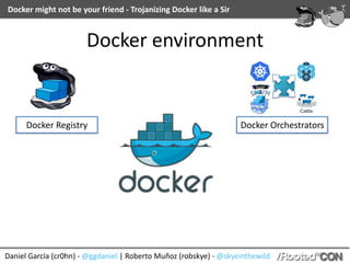 Daniel	García	(cr0hn)	-	@ggdaniel	|	Roberto	Muñoz	(robskye)	-	@skyeinthewild
Docker	might	not	be	your	friend	-	Trojanizing	Docker	like	a	Sir
Docker	environment
Docker	Registry Docker	Orchestrators
 