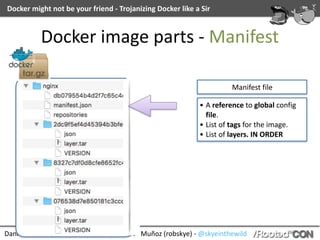Daniel	García	(cr0hn)	-	@ggdaniel	|	Roberto	Muñoz	(robskye)	-	@skyeinthewild
Docker	might	not	be	your	friend	-	Trojanizing	Docker	like	a	Sir
Docker	image	parts	-	Manifest
Manifest	file
• A	reference	to	global	config	
file.	
• List	of	tags	for	the	image.	
• List	of	layers.	IN	ORDER
 