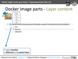 Daniel	García	(cr0hn)	-	@ggdaniel	|	Roberto	Muñoz	(robskye)	-	@skyeinthewild
Docker	might	not	be	your	friend	-	Trojanizing	Docker	like	a	Sir
Docker	image	parts	-	Layer	content
• Layer	metadata	
• Reference	to	the	parent	layer
 