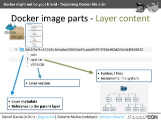 Daniel	García	(cr0hn)	-	@ggdaniel	|	Roberto	Muñoz	(robskye)	-	@skyeinthewild
Docker	might	not	be	your	friend	-	Trojanizing	Docker	like	a	Sir
Docker	image	parts	-	Layer	content
• Layer	metadata	
• Reference	to	the	parent	layer
• Layer	version
• Folders	/	files	
• Incremental	file	system
 