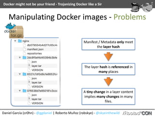 Docker	might	not	be	your	friend	-	Trojanizing	Docker	like	a	Sir
Daniel	García	(cr0hn)	-	@ggdaniel	|	Roberto	Muñoz	(robskye)	-	@skyeinthewild
Manipulating	Docker	images	-	Problems
Manifest	/	Metadata	only	meet	
the	layer	hash
The	layer	hash	is	referenced	in	
many	places
A	tiny	change	in	a	layer	content	
implies	many	changes	in	many	
files.
 