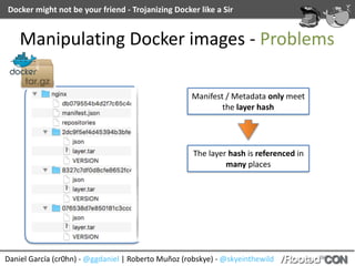 Docker	might	not	be	your	friend	-	Trojanizing	Docker	like	a	Sir
Daniel	García	(cr0hn)	-	@ggdaniel	|	Roberto	Muñoz	(robskye...