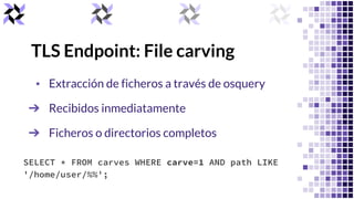 TLS Endpoint: File carving
// file carving osquery flags
--disable_carver=false
--carver_disable_function=false
--carver_s...