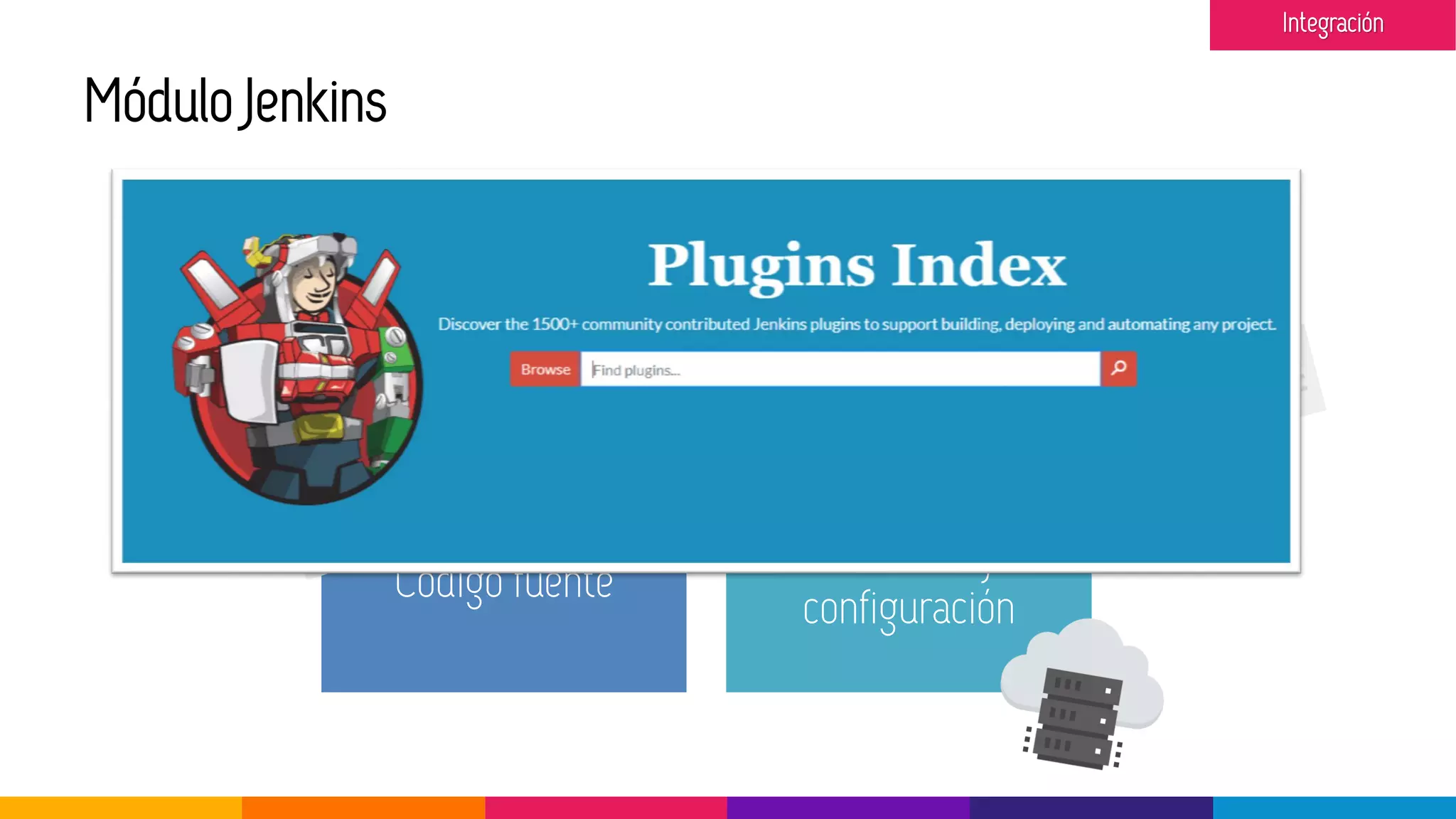 Módulo Jenkins
Builds y Jobs Plugins Usuarios
Código fuente
Sistemas y
configuración
Integración
 