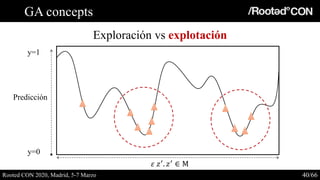 GA concepts
Exploración vs explotación
Rooted CON 2020, Madrid, 5-7 Marzo 40/66
y=1
y=0
𝜀 𝑧′
. 𝑧′
∈ M
Predicción
 