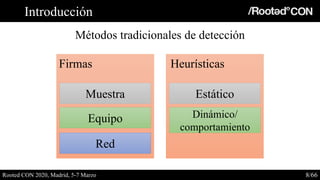 Introducción
Métodos tradicionales de detección
Rooted CON 2020, Madrid, 5-7 Marzo 8/66
Firmas
Red
Heurísticas
Muestra
Equ...