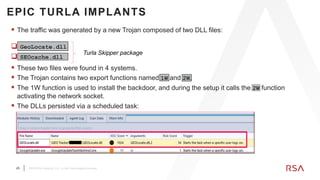 25 ©2019 RSA Security, LLC., a Dell Technologies business
EPIC TURLA IMPLANTS
Turla Skipper package
 The traffic was generated by a new Trojan composed of two DLL files:
 GeoLocate.dll
 SEOcache.dll
 These two files were found in 4 systems.
 The Trojan contains two export functions named 1W and 2W.
 The 1W function is used to install the backdoor, and during the setup it calls the 2W function
activating the network socket.
 The DLLs persisted via a scheduled task:
 