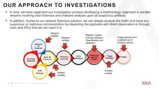 4 ©2019 RSA Security, LLC., a Dell Technologies business
OUR APPROACH TO INVESTIGATIONS
 In time, we have organized our investigation process developing a methodology organized in parallel
streams involving host forensics and malware analysis upon all suspicious artifacts.
 In addition, thanks to our network forensics solution, we can deeply analyze the traffic and trace any
suspicious or malicious communication by dissecting the payloads with direct observation or through
rules and IOCs that we can input in it.
Network
visibility
System
visibility
Malware
visibility
Network, system
and log indicators.
Classification and
attribution.
Incident
surface.
Triage planned from
a tailored set of
strategic actions.
 
