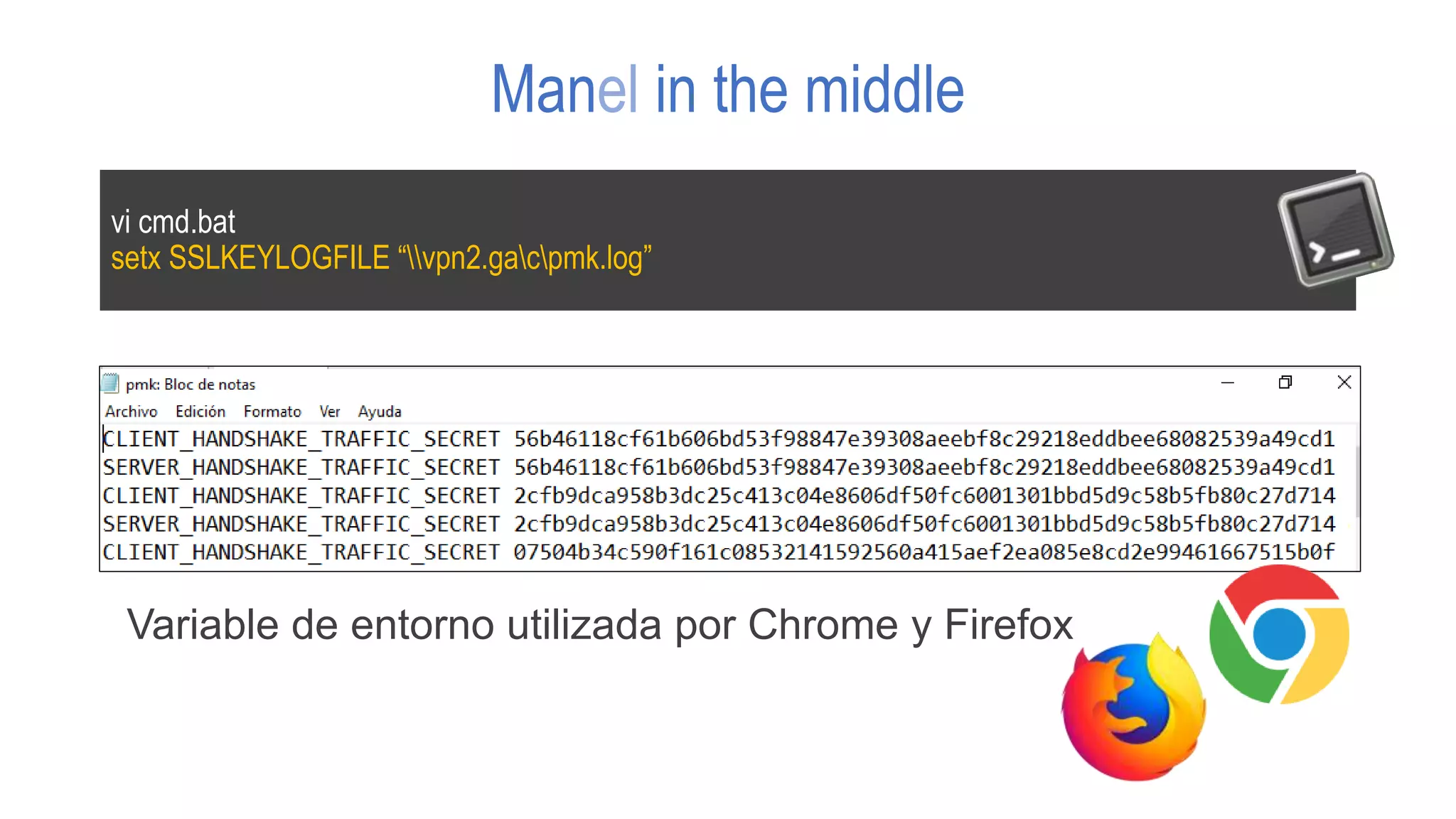 Manel in the middle
vi cmd.bat
setx SSLKEYLOGFILE “vpn2.gacpmk.log”
Variable de entorno utilizada por Chrome y Firefox
 