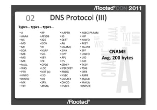 02             DNS Protocol (III)
Types… types… types…
•A         • RP        • NAPTR      • NSEC3PARAM
• AAAA     • AFSDB...