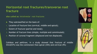 Horizontal root fractures/transverse root
fracture
also called as: Intralveolar root fractures
 They subclassified on the...
