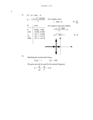 root locus - 11.16


3.
     a)      2
          D + D + 20K = 0
              – 1 ± 1 – 4 ( 20K )                            For complex roots
          D = --------------------------------------------
                                                         -                                                           1-
                                   2                                1 – 80K < 0                                K > -----
                                                                                                                   80
           K                 roots                           For negative real roots (stable)
                                                                    – 1 ± 1 – 80K
           0                 0.000, -1.000                          ------------------------------------ < 0
                                                                                                       -
                                                                                     2
           1/80              -0.500, -0.500
           1                 -0.5 +/- 4.444j                        ± 1 – 80K < 1                               K>0
           10                -0.5 +/- 14.13j
           1000              -0.5 +/- 141.4j




     b)
           Matching the second order forms,
                                                                2
                             2ω n ξ = 1                        ω n = 20K

           The gain can only be used for the natural frequency
                         20     20
                    K = ----- = ----- = 2.22
                            -
                            2      2
                                    -
                         ωn     3
 