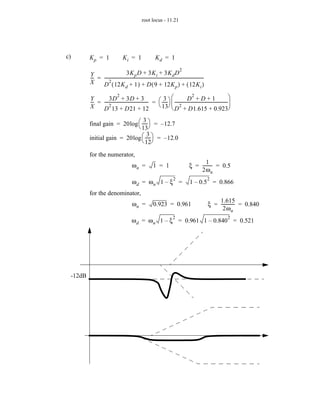 root locus - 11.21




c)       Kp = 1                      Ki = 1                      Kd = 1
                                                                                      2
         Y                         3K p D + 3K i + 3K d D
         -- = ----------------------------------------------------------------------------------------------
          -                                                                                                -
         X         2
              D ( 12K d + 1 ) + D ( 9 + 12K p ) + ( 12K i )

                                                              3-                                                      
                          2                                                           2
         -- = ----------------------------------------- =  -----  --------------------------------------------------
         Y         3D + 3D + 3 -                                                 D +D+1
          -                                                                                                           -
                                                           13  2
                                                                     D + D1.615 + 0.923
         X         2
              D 13 + D21 + 12

         final gain = 20 log  ----- = – 12.7
                                3-
                              13
         initial gain = 20 log  ----- = – 12.0
                                   3-
                                12

         for the numerator,
                                                                                                      1
                                             ωn =              1 = 1                           ξ = --------- = 0.5
                                                                                                   2ω n
                                                                                 2                             2
                                             ωd = ωn 1 – ξ =                                   1 – 0.5 = 0.866
         for the denominator,
                                                                                                                   1.615
                                             ωn =              0.923 = 0.961                                   ξ = ------------ = 0.840
                                                                                                                              -
                                                                                                                     2ω n
                                                                                2                                       2
                                             ω d = ω n 1 – ξ = 0.961 1 – 0.840 = 0.521




 -12dB
 