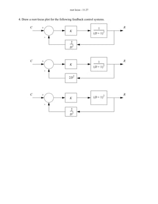 root locus - 11.27


4. Draw a root-locus plot for the following feedback control systems.

         C        +                                                    1             R
                                         K                    --------------------
                                                                                 -
                                                                                 2
                                                              (D + 1)
                      -
                                           2
                                         ------
                                              2
                                         D



         C        +                                                    1 -           R
                                         K                    --------------------
                                                                                 2
                                                              (D + 1)
                      -
                                              2
                                        2D




         C        +                                                            2     R
                                         K                    (D + 1)

                      -
                                           2
                                         ------
                                              2
                                         D
 