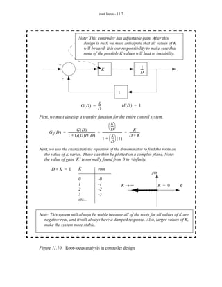 root locus - 11.7




                                   Note: This controller has adjustable gain. After this
                                     design is built we must anticipate that all values of K
                                     will be used. It is our responsibility to make sure that
                                     none of the possible K values will lead to instability.

              +                                                                                       1
                                                          K                                          ---
                                                                                                       -
                                                                                                     D
                  -


                                                                           1

                                               K                               H(D ) = 1
                                     G ( D ) = ---
                                                 -
                                               D
First, we must develop a transfer function for the entire control system.
                                                                  --- 
                                                                    K -
                             G( D)                                D                     K -
     G S ( D ) = ------------------------------------ = -------------------------- = -------------
                                                    -                            -
                 1 + G ( D )H ( D )                                                  D+K
                                                        1 +  ---  ( 1 )
                                                                    K  -
                                                                  D
Next, we use the characteristic equation of the denominator to find the roots as
  the value of K varies. These can then be plotted on a complex plane. Note:
  the value of gain ’K’ is normally found from 0 to +infinity.

       D+K = 0                     K                   root
                                                                                                           jω
                                   0                   -0
                                   1                   -1                      K→∞                              K = 0   σ
                                   2                   -2
                                   3                   -3
                                   etc...


Note: This system will always be stable because all of the roots for all values of K are
  negative real, and it will always have a damped response. Also, larger values of K,
  make the system more stable.




Figure 11.10 Root-locus analysis in controller design
 