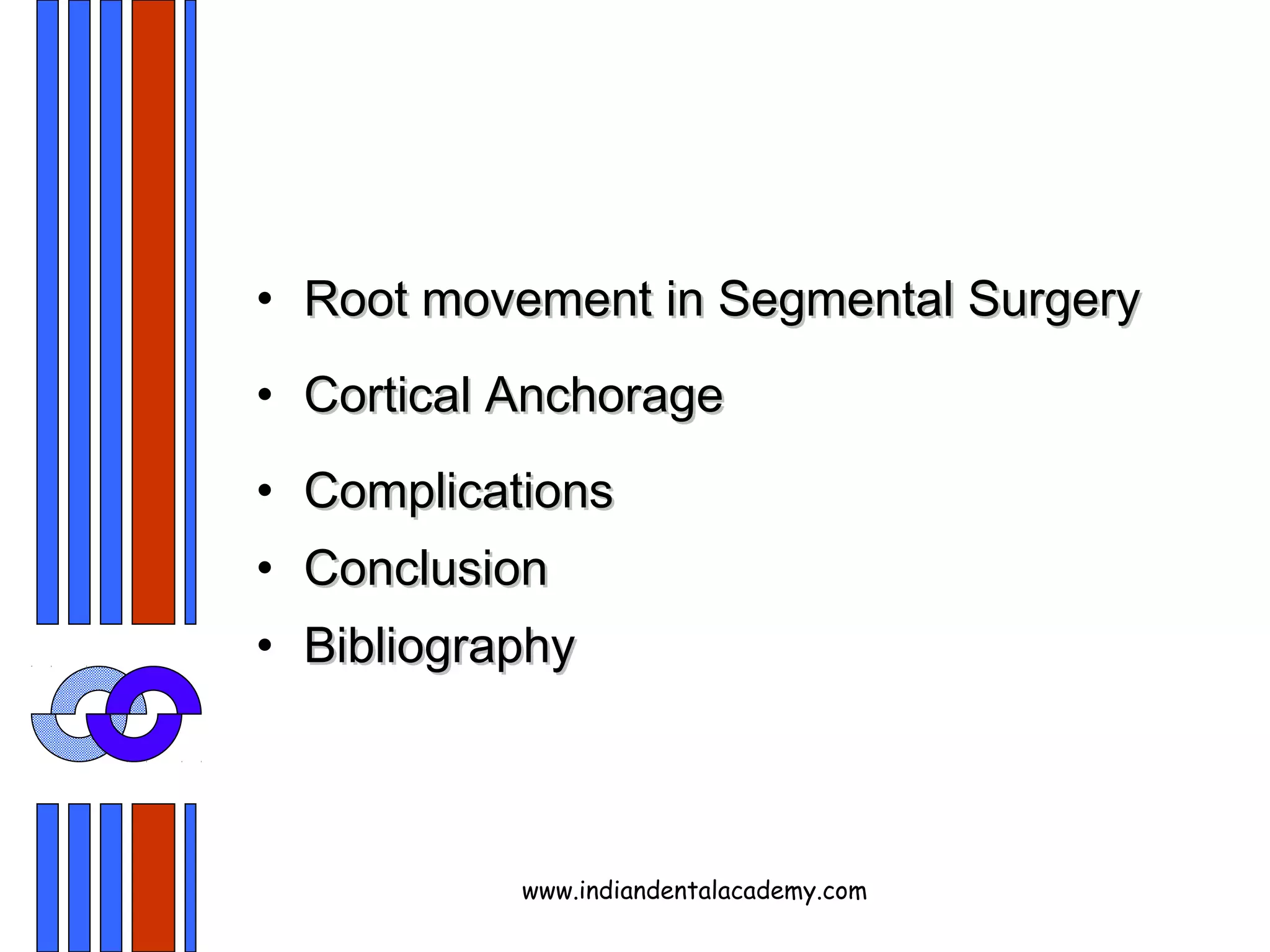 • Root movement in Segmental SurgeryRoot movement in Segmental Surgery
• Cortical AnchorageCortical Anchorage
• ComplicationsComplications
• ConclusionConclusion
• BibliographyBibliography
www.indiandentalacademy.com
 