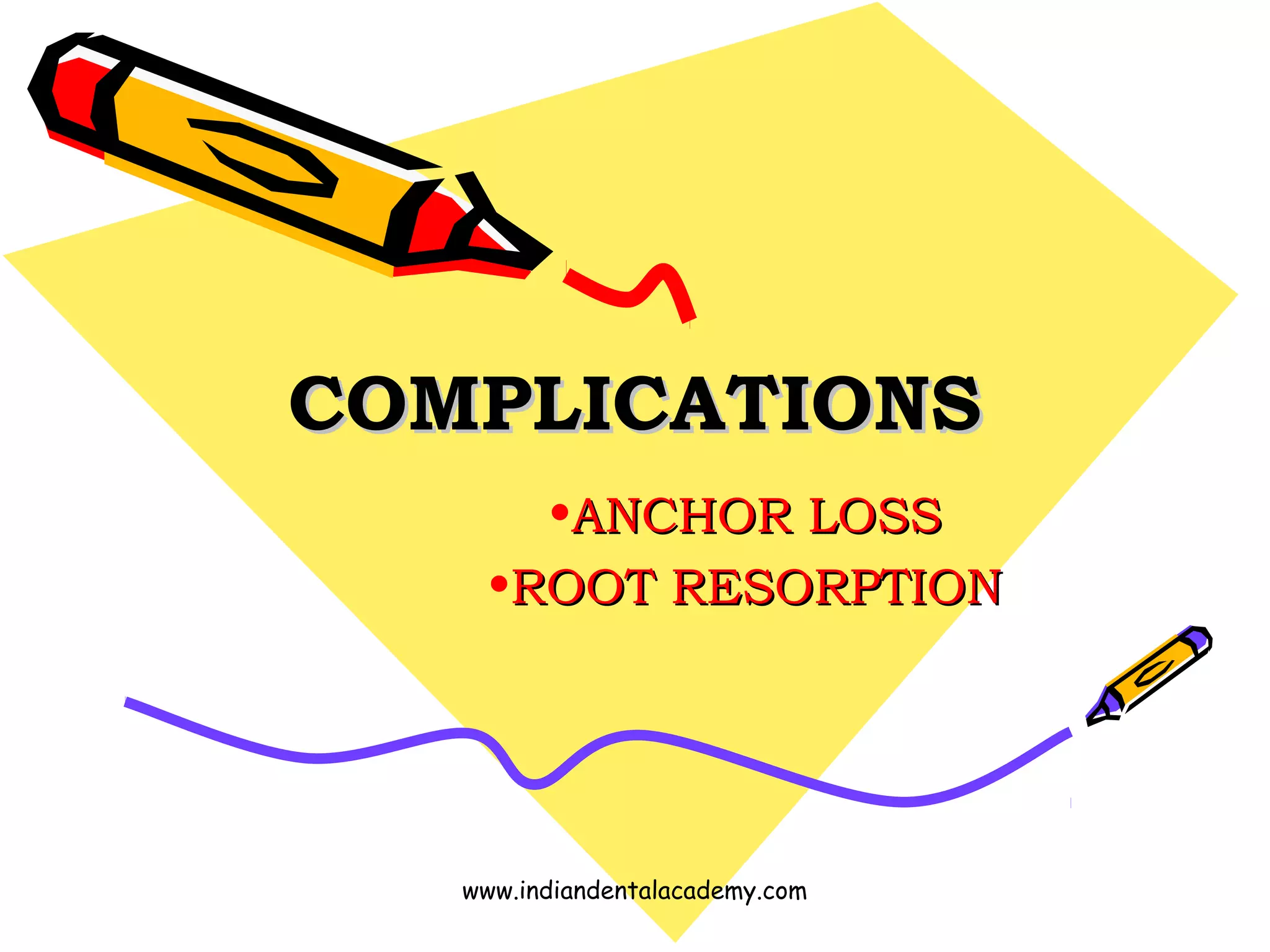 COMPLICATIONSCOMPLICATIONS
•ANCHOR LOSSANCHOR LOSS
•ROOT RESORPTIONROOT RESORPTION
www.indiandentalacademy.com
 