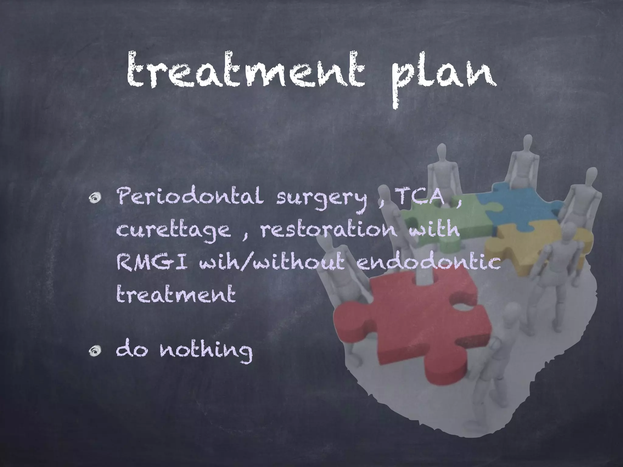 treatment plan 
Periodontal surgery , TCA , 
curettage , restoration with 
RMGI wih/without endodontic 
treatment 
do nothing 
 