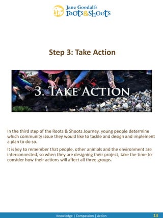 Knowledge | Compassion | Action
In the third step of the Roots & Shoots Journey, young people determine
which community issue they would like to tackle and design and implement
a plan to do so.
It is key to remember that people, other animals and the environment are
interconnected, so when they are designing their project, take the time to
consider how their actions will affect all three groups.
13
Step 3: Take Action
 