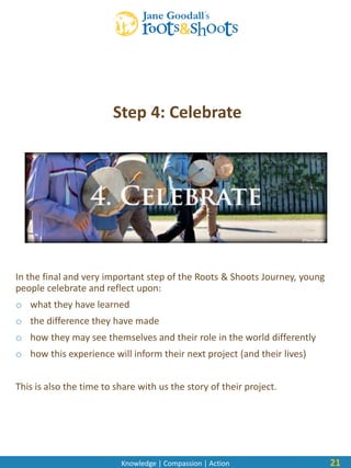 Knowledge | Compassion | Action
In the final and very important step of the Roots & Shoots Journey, young
people celebrate and reflect upon:
o what they have learned
o the difference they have made
o how they may see themselves and their role in the world differently
o how this experience will inform their next project (and their lives)
This is also the time to share with us the story of their project.
21
Step 4: Celebrate
 