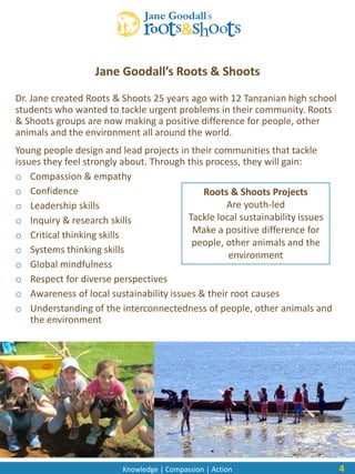 Knowledge | Compassion | Action
Jane Goodall’s Roots & Shoots
4
Dr. Jane created Roots & Shoots 25 years ago with 12 Tanzanian high school
students who wanted to tackle urgent problems in their community. Roots
& Shoots groups are now making a positive difference for people, other
animals and the environment all around the world.
Young people design and lead projects in their communities that tackle
issues they feel strongly about. Through this process, they will gain:
o Compassion & empathy
o Confidence
o Leadership skills
o Inquiry & research skills
o Critical thinking skills
o Systems thinking skills
o Global mindfulness
o Respect for diverse perspectives
o Awareness of local sustainability issues & their root causes
o Understanding of the interconnectedness of people, other animals and
the environment
Roots & Shoots Projects
Are youth-led
Tackle local sustainability issues
Make a positive difference for
people, other animals and the
environment
 